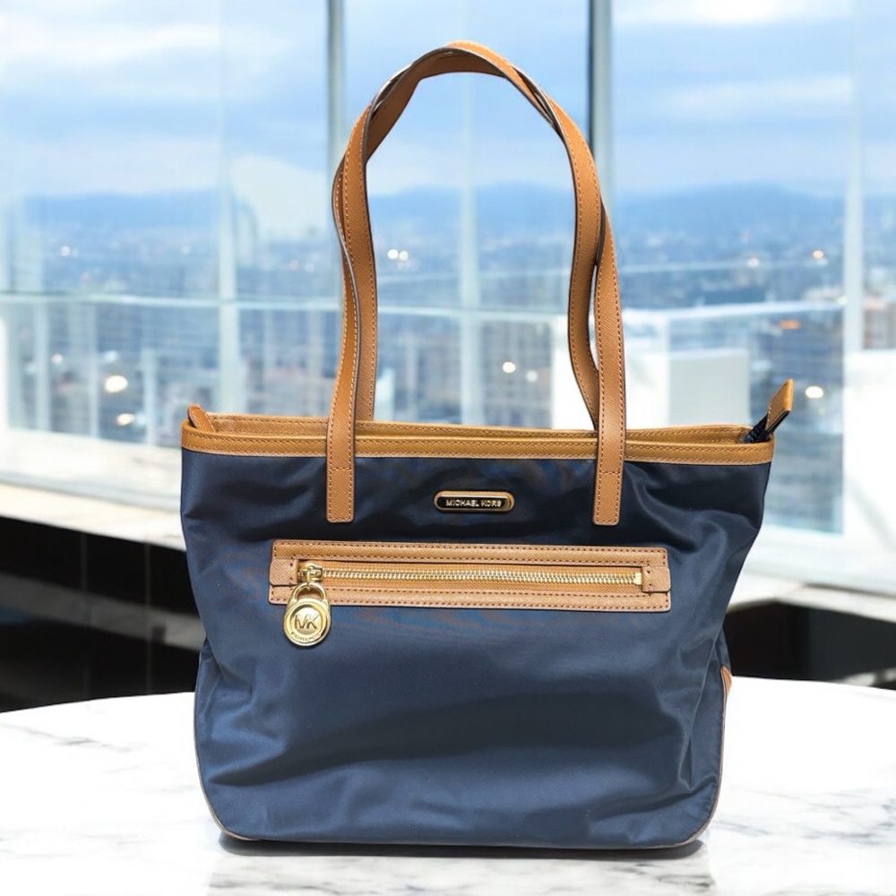 Michael Kors Kempton Navy Blue Nylon & Brown Leather Tote NWOT